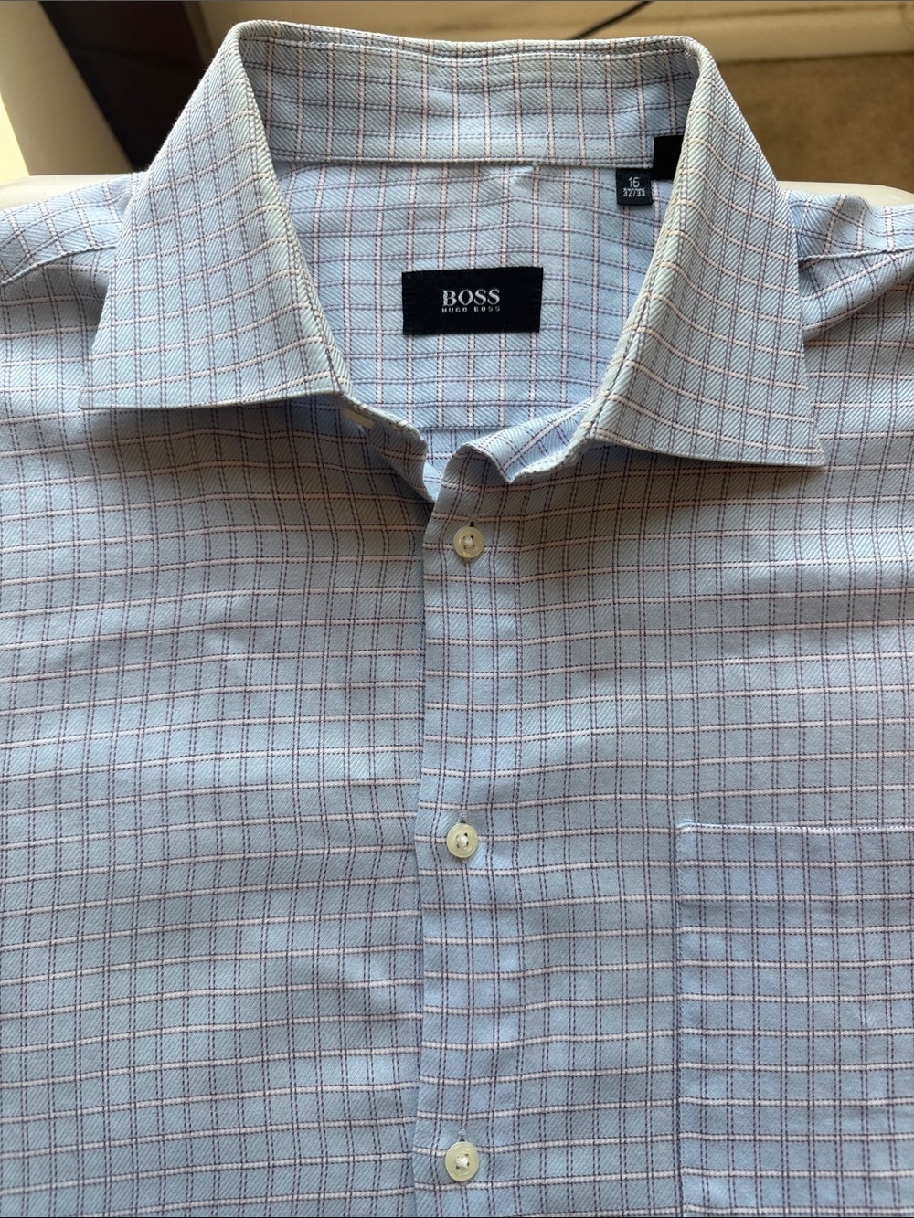 BOSS Light Blue Dress Shirt with Red Windowpane Check - 16 32/33 - Regular fit
